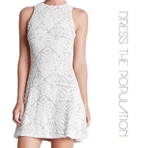 Dress the Population Mia White Sequined Skater Dress Size Small